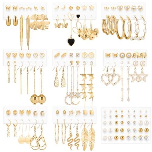 Funtopia Gold Dangle Earrings, 68 Pairs Multipack, Fashion Statement Earrings for Women