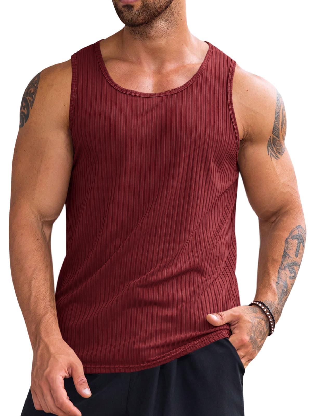 Runcati Men's Ribbed Tank Tops Knit Sleeveless Workout T Shirt Muscle Gym Fitness Tee Burgundy