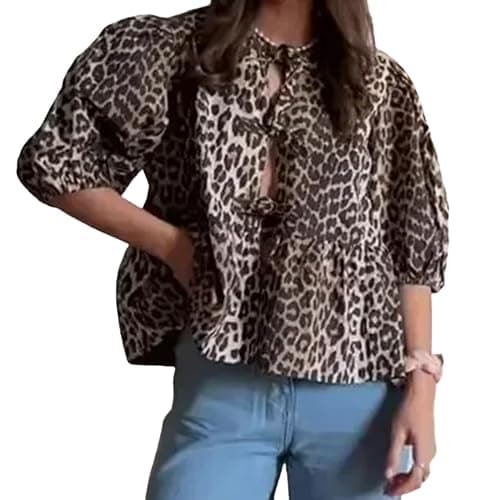 Tie Front Tops Women Y2k Leopard Print Peplum Babydoll Top 3/4 Length Puff Sleeve Coquette Tops Cute Going Out Tops