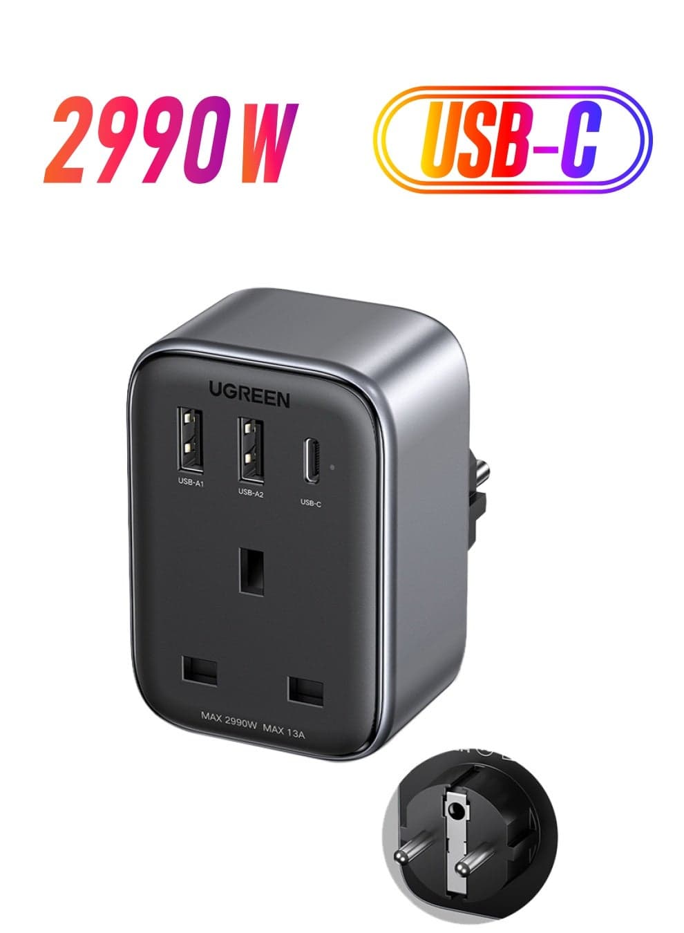 Travel Charger Adapter UAE/KSA/UK to European Plug Travel Converter 4-in-1 Charger with 3 USB Ports, Type G 3 Pin to Euro Type C Plug for Egypt, Kuwait, Algeria, Morocco, Europe,Thailand etc. EU PLUG+2A1C+1AC