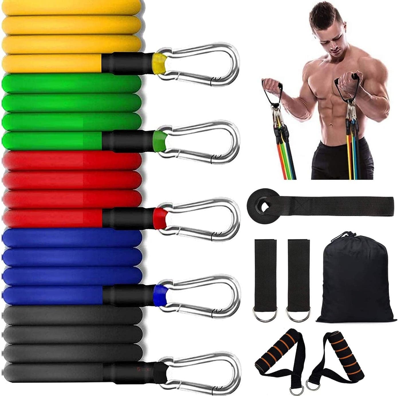 GOCART WITH G LOGO Resistance Bands, Exercise Bands (Thera Band Set) Include 5 Different Levels Exercise Bands, Door Anchor, Foam Handles and Carrying Bag for Workout