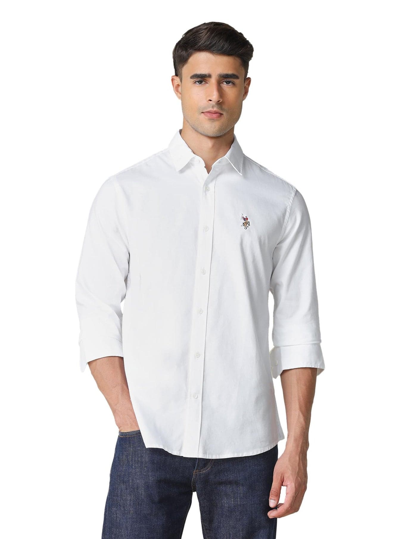 U.S. POLO ASSN. Textured Tailored Fit Shirt for Men - 100% Cotton, Breathable & Comfortable, Full Sleeves Casual Shirt for Men White