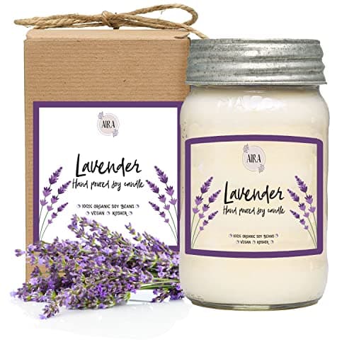 Aira Soy Candles - Organic, Kosher, Vegan, in Mason Jar w/Therapeutic Grade Essential Oil Blends - Hand-Poured 100% Soy Candle Wax - Paraffin Free, Burns 110+ Hours - Pure Lavender - 16 Ounces