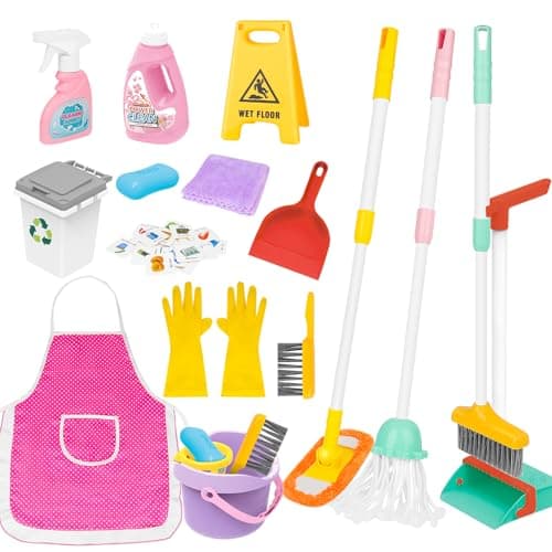 deAO Kids Cleaning Set 17 PcsToy Cleaning Set Includes BroomMopBrushDust PanDusterSpongeClothesSpray Bucket Caution SignPretend Housekeeping Play Set
