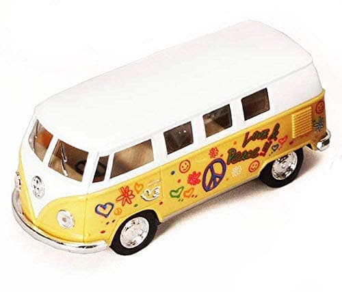 KiNSMART 1962 Volkswagen Classic Bus 132 Scale 5 Die Cast Metal Model Toy Van Pullback Acation Yellow Flower Power