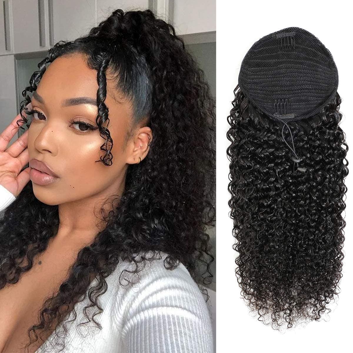 18Curly Human Hair Ponytail with Wrap Drawstring 3C Remy Brazilian Human Hair Natural Color Afro Kinky Curly Hair Piece Clipin Extensions Remy Hair Pieces for Women Remy Hair 100GramPc