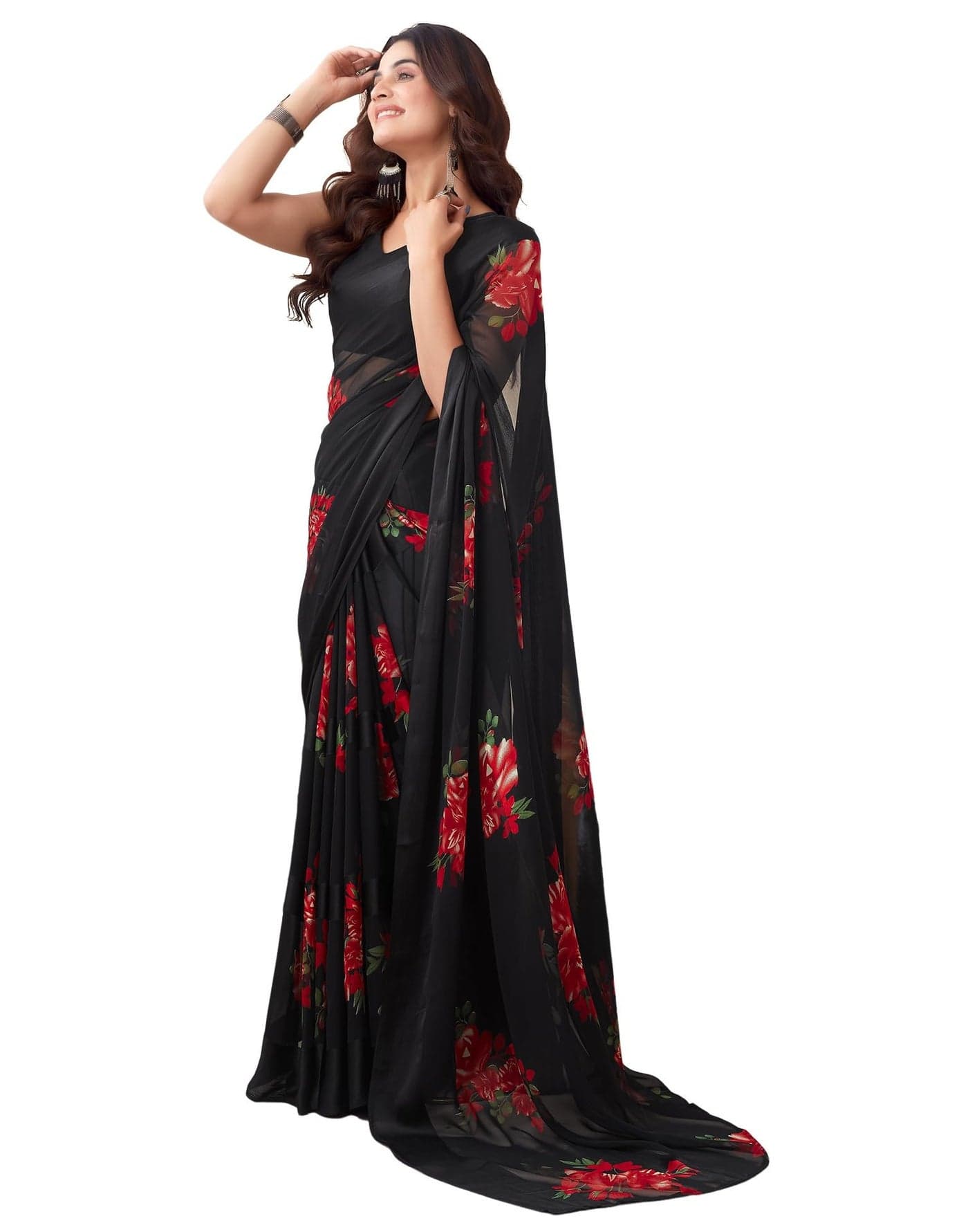SIRIL Women's Georgette Floral Printed Satin Stripe Saree With Unstitched Blouse Piece (3881S128_Black & Red)