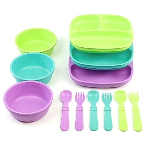 RePlay 3 Divided Toddler Plates 3 Utensils Set and 3 Wide Base Bowls Dishwasher and Microwave Safe Made in USA Mermaid