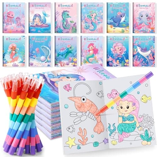 BenLouis 12 Mermaid Mini Coloring Books Kids with 12 Stacking Crayons Little Mermaid Theme Party Favors Small Activity Books Bulk for Kids Ocean Birthday Party Gift Goodie Bag Stuffers