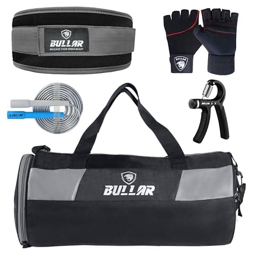 BULLAR Gym Accessories Set with Round Duffle Bag for Men & Women with Separate Shoe Compartment, Weight Lifting Belt, Hand Gripper, Jump Rope, Workout Gloves (Black/Grey)