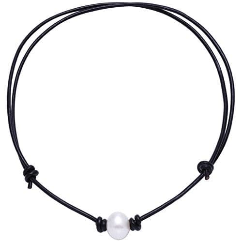 Aobei Pearl Single Cultured Freshwater Pearl Necklace Choker for Women Genuine Leather Jewelry Handmade, Black , Adjustable