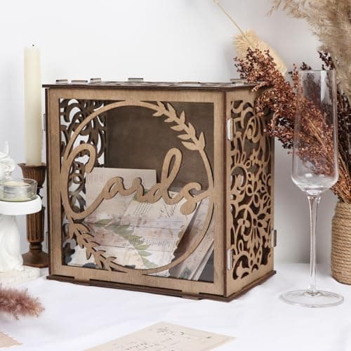 OurWarm Wedding Card Box for Reception Wooden Wedding Card Boxes with Window Rustic Brown Envelope Money Gift Card Box for Baby Shower Birthday Graduation Party Decorations