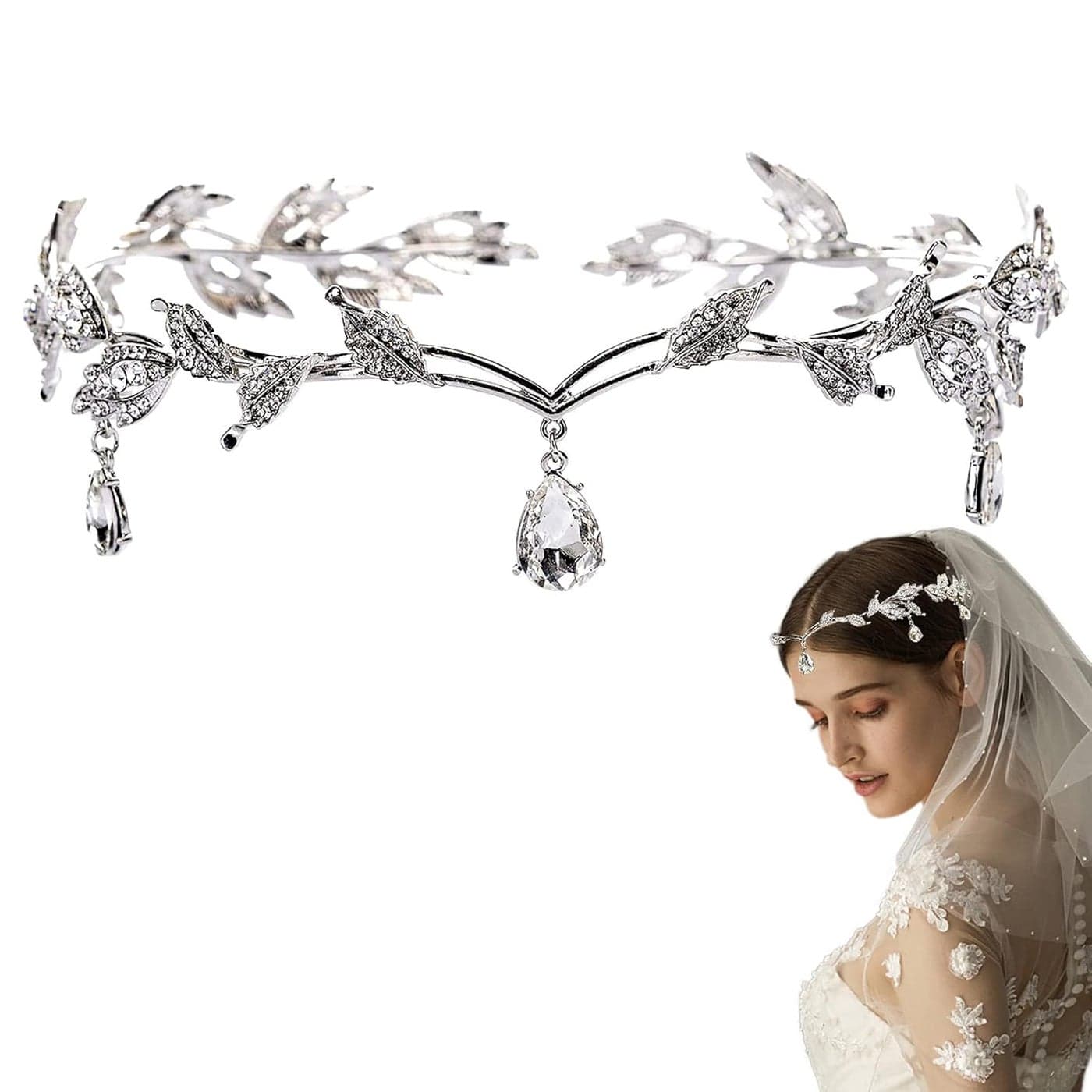 Elegant Rhinestone Leaf Wedding Silver Tiaras and Crowns Crystal Pendent Tiara Headband for Bride Bridesmaid Birthday Crown Cosplay Accessories for Women