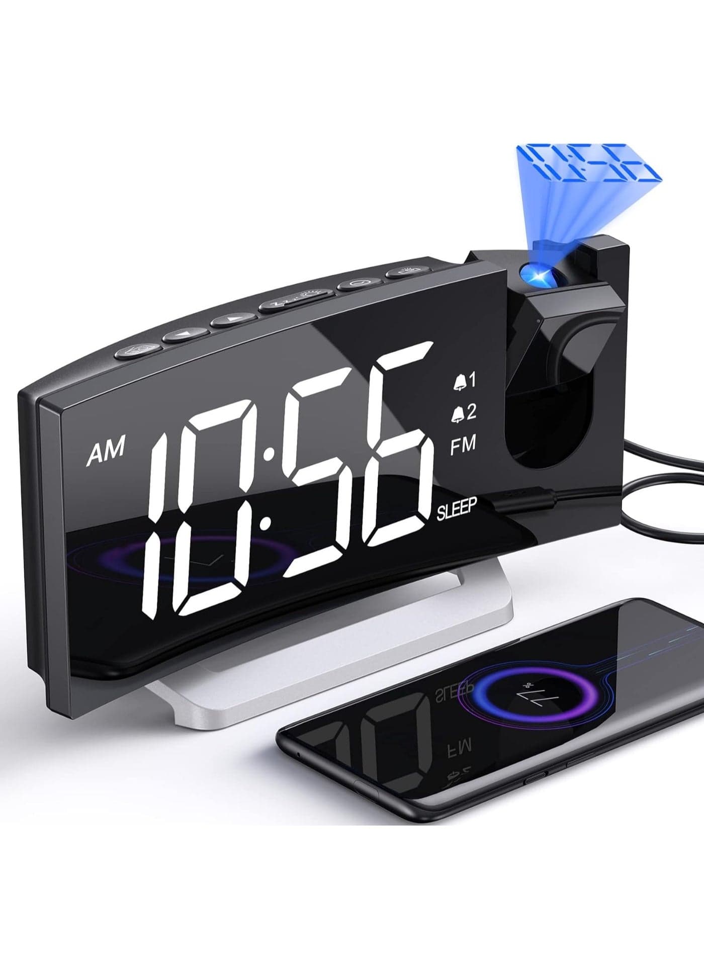Projection Alarm Clock with FM Radio, Dual Alarms, 30 Preset Stations, Sleep Timer, 5 Alarm Sounds, Dimmer and Snooze Function, HD LED Curved Screen, Digital Clock for Bedroom