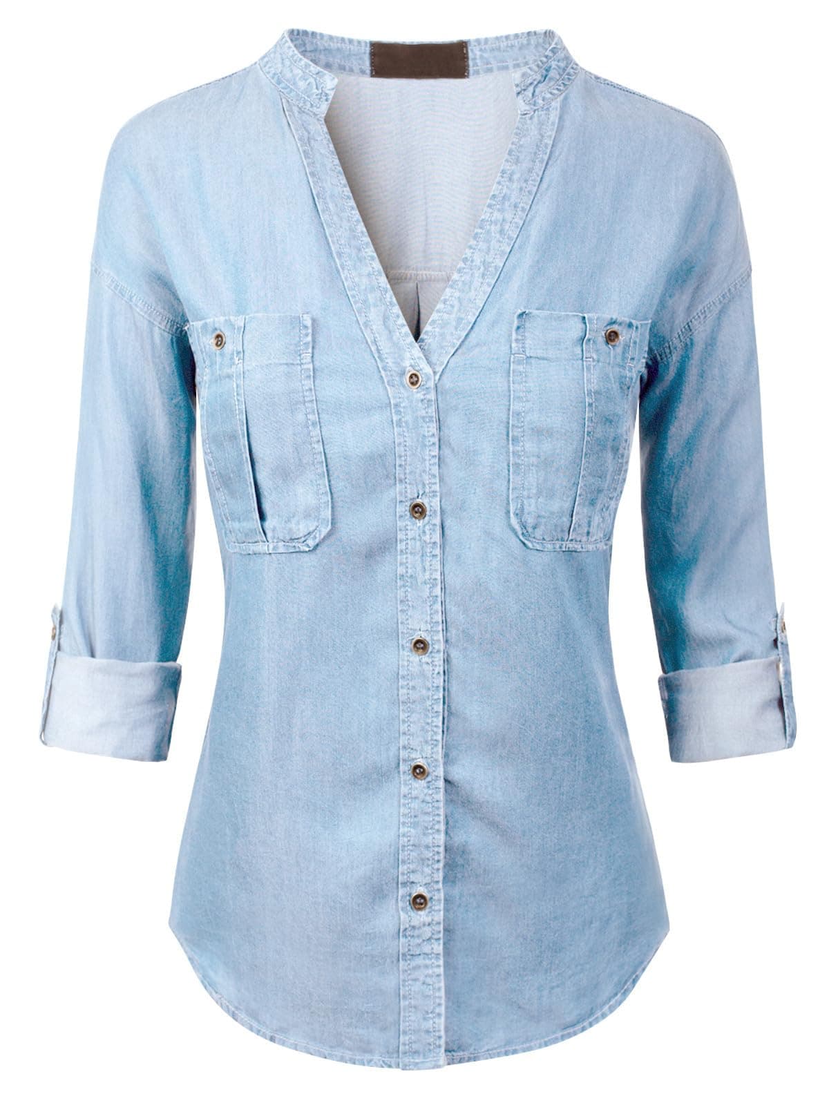 MixMatchy Women's Long Sleeve Solid Split Neck Tencel Button Down Shirt Blouse Light Denim M