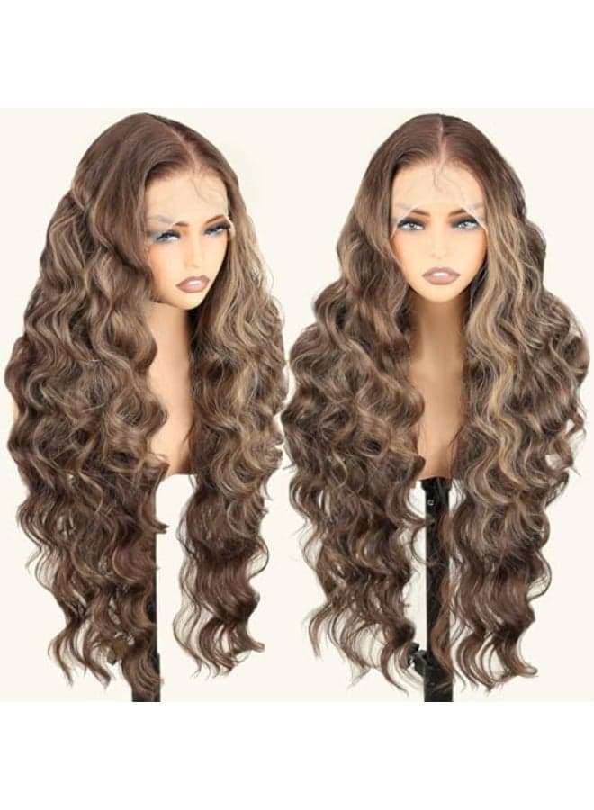 SOKU 13x6 Lace Frontal Wig Highlighted 32 Inch Body Wave Pre Plucked Babyhair Transparent HD Lace Heat Friendly Highlights Brown Bouncy Synthetic Hair