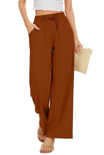 KICZOY Women Summer Pants Flowy Pants Drawstring Waist Wide Leg Palazzo Beach Pants Loose Fit with Pockets Deep Orange