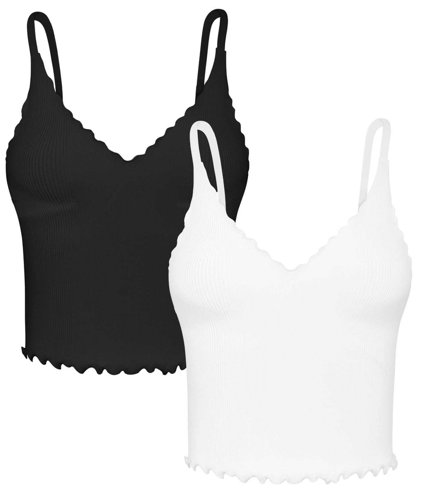 Sunzel Tank Top for Women, V Neck Cropped Seamless Ribbed Camisole with Ruffles for Workout Yoga Lounge, Waist Long(Black&White M-L)