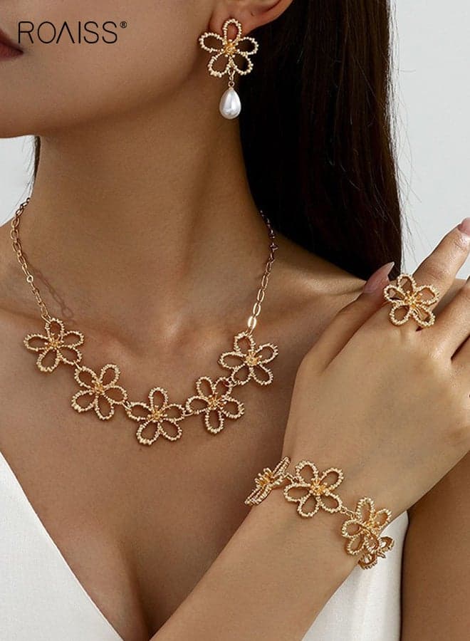 Luxurious Jewelry Set with Necklace, Ring, Bracelet and Earrings, Exquisite Floral Jewellery Set for Ladies, Sparkling Bridal Accessories, Perfect for Daily Wear, Weddings or Any Occasion, Ideal Gift for Women
