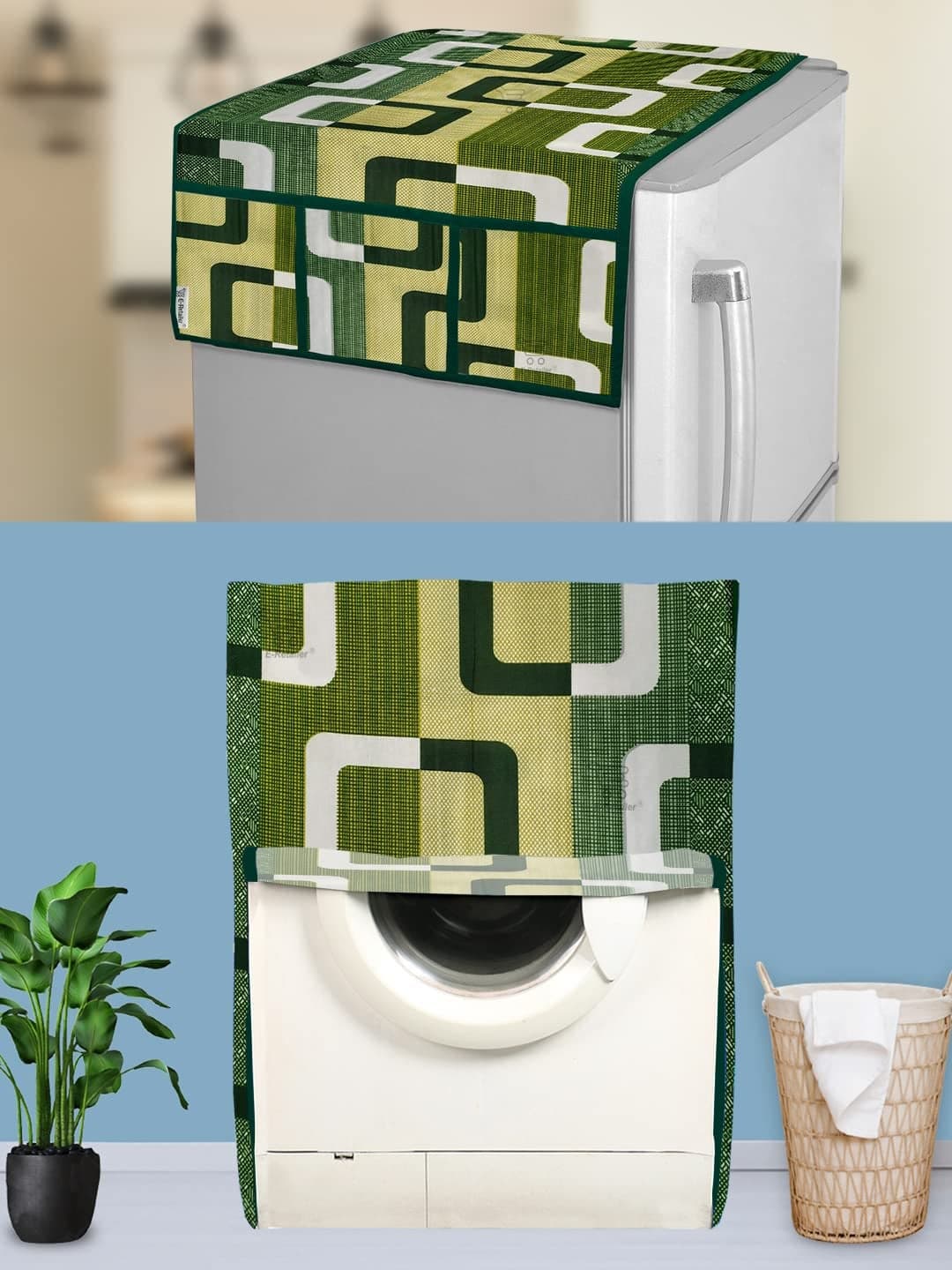 E-Retailer® Exclusive 3-Layered Polyester Combo Set of Appliances Cover (1 Pc. of Fridge Top Cover and 1 Pc. Front Load Washing Machine Cover) (Green, Design-Geometric, Set Contains-2 Pcs)