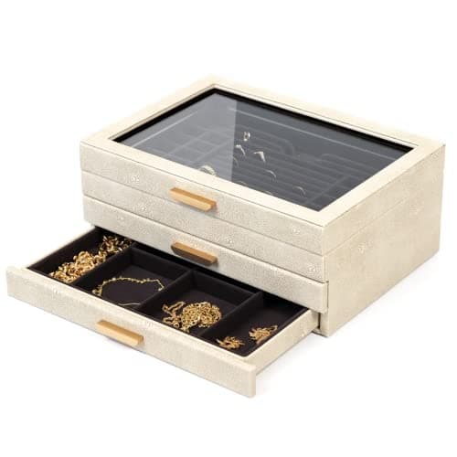 CASE ELEGANCE Large 3 Tier Jewelry Box Storage Case Organizer for Women Girls Wife Glass Lid for Earrings Bracelets Rings Necklaces Shagreen Vegan Leather Velvet Lined Jewelry Box Brass Hardware