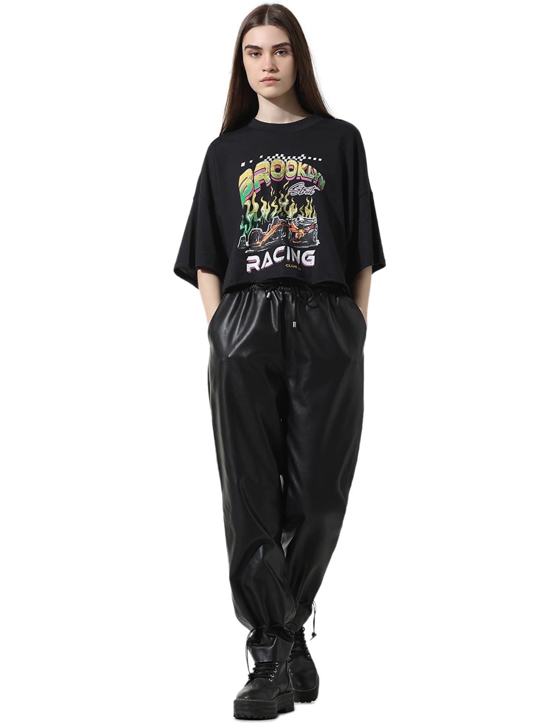 ONLY Women Printed Cotton Crop Length Boxy Fit Black T-Shirt