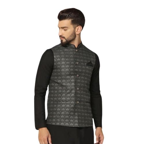 KISAH Men's Nehru Jacket, Black Silk Blend, Woven Design Sleeveless Regular Fit Mandarin Collar (L)