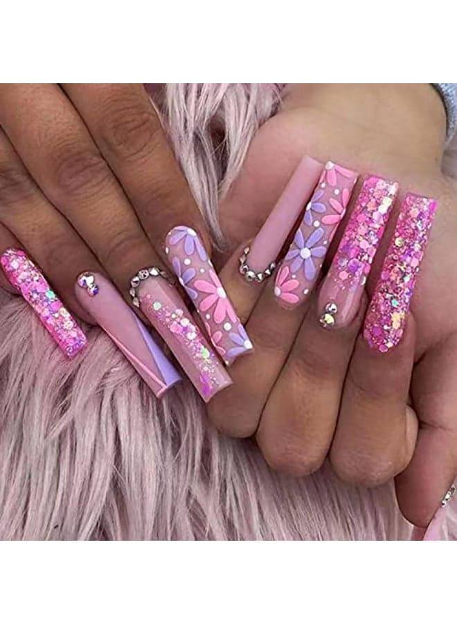 Press on Nails Long Ballerina 24PCS Full Cover Reusable Fake Nails Kits Glue On Nails with Purple Flower Designs Artificial Fingernails Acrylic Fake Nails for Women Stick on Nails Coffin Shape