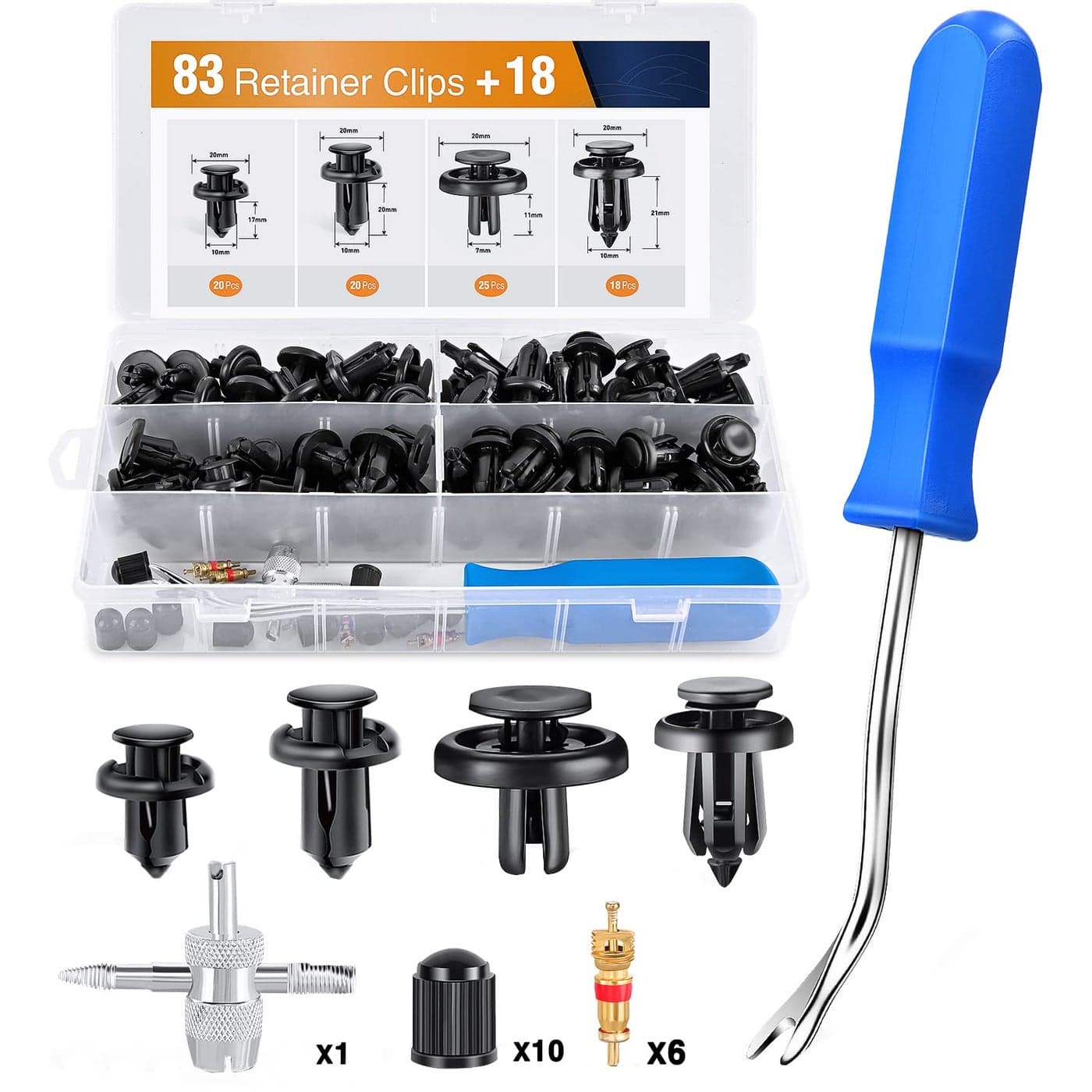 GOOACC BumperSplash Shield Retainer Metal Insert Clips Assortment Kit for Acura Honda 91503SZ3003 91503SZ5003 91506S9A003 Toyota Fender Liner 9046707215 4Way Valve Tools Tire Caps Cores