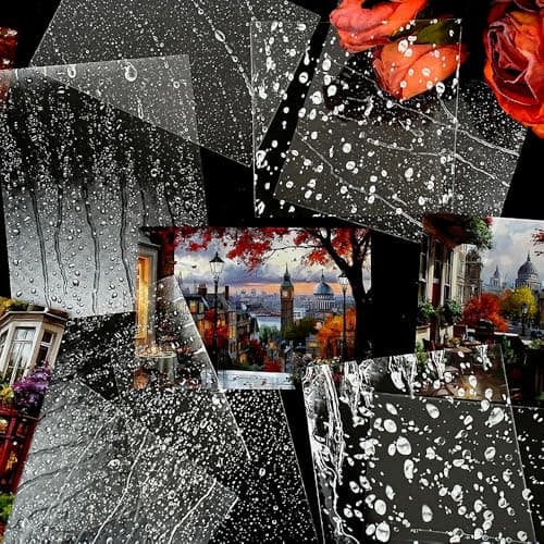 Vintage Junk Journal Rain Street Landscape PET Stickers Aesthetic Scrapbook Supplies Material Collage Raindrop Scene Scrapbooking Stickers Decorative Rainy Scenery Sticker for Journaling Supplies