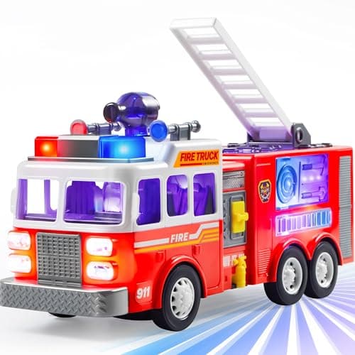 JOYIN LED Fire Truck Toy for Toddlers LED Projections Sirens Bump and Go Fire Engine Trucks with Mode Switch Volume Control Kids Firetruck Boy Toys Christmas Birthday Gifts for Grandkids