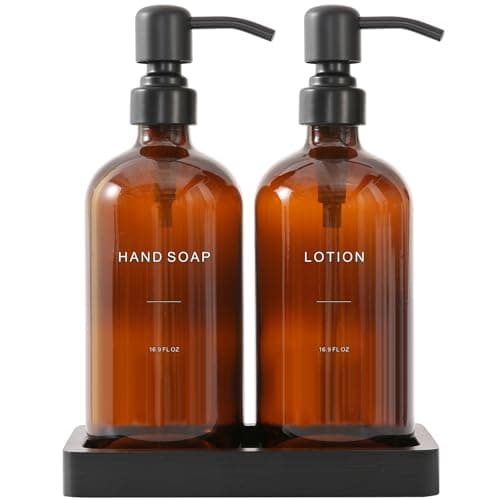Prus Waso Amber Glass Soap Dispenser Set Hand Soap and Lotion Set with Black Stainless Steel Pump Perfect for Modern Bathroom Decor Amber