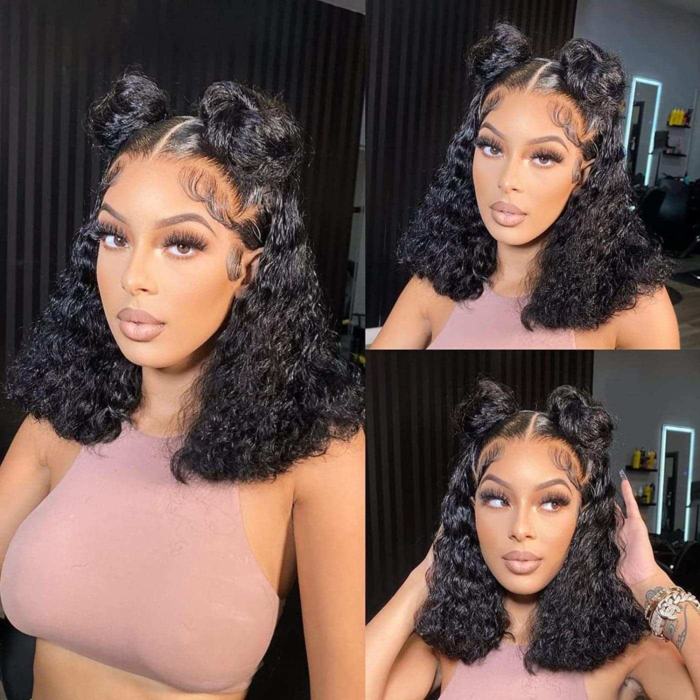 SODLIS Short Curly Bob Wig Human Hair 13x4 Lace Front Wigs Brazilian Virgin Human Hair Lace Frontal Curly Wigs For Black Women Pre Plucked with Baby Hair 150 Density 16 Inch