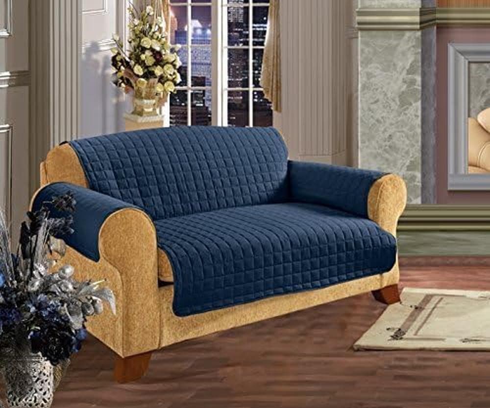 Elegant Comfort Quilted Pet Dog Children Kids - Furniture Protector- Microfiber Slip Cover Navy Blue Sofa