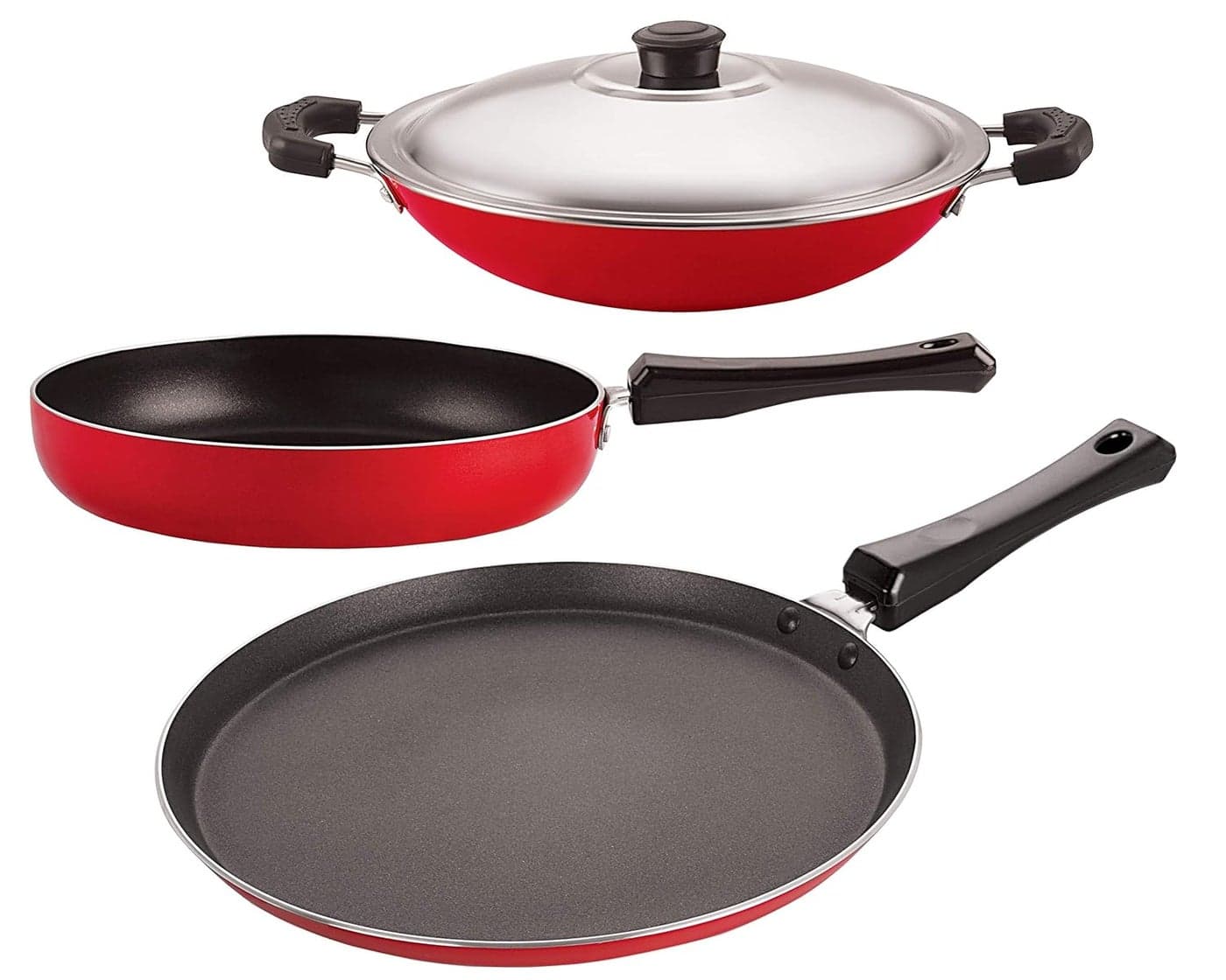 Nirlon Aluminium Cookware Set, 3-Pieces, Red/Black, 2.6mm_FT13_FP10_AC