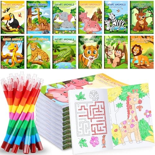 BenLouis 12 Jungle Safari Mini Coloring Books Kids with 12 Stacking Crayons Zoo Animals Lion Party Favors Small Activity Books Bulk for Kids Wild One Party Gift Goodie Bag Stuffers