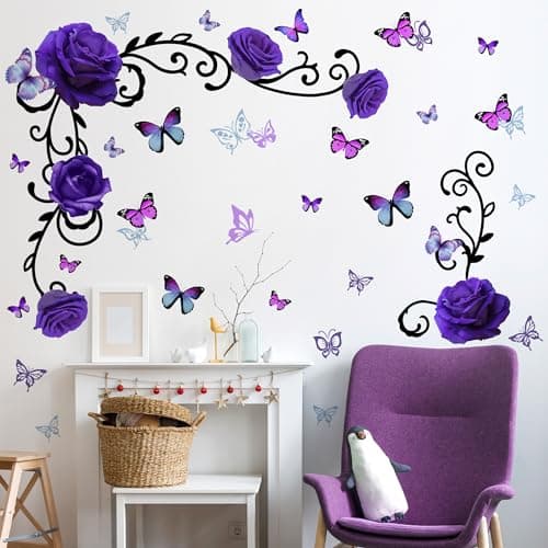 Removable Purple Floral Rose Wall Decor 3D Peel and Stick Flower Vine Black Plants Vines Leaf Wall Stickers Flying Butterfly Wall Decals for Kids Girls Baby Bedroom Nursery Living Room Purple