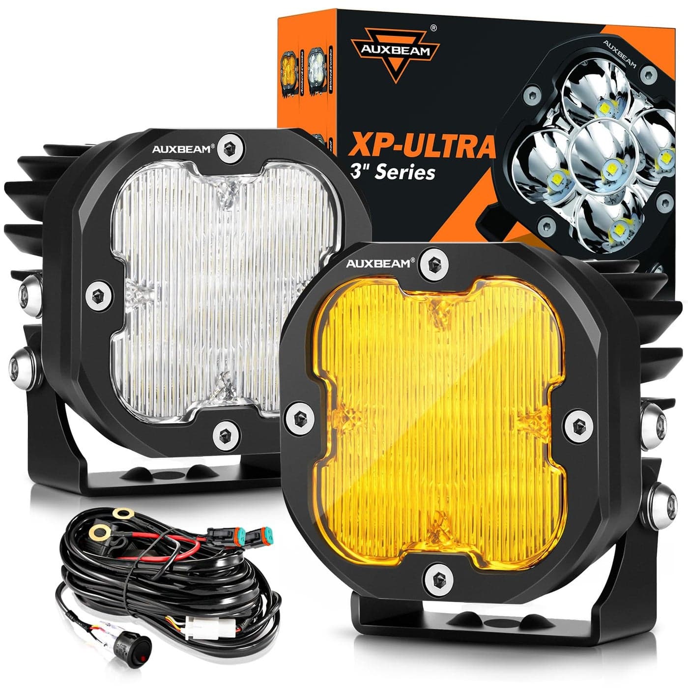 Auxbeam 3in Amber LED pods Wide Range Flood Fog Lights XPUltra Series 80W 9600LM White Offroad Driving Light 120 Broad Reflector Cube LED Light Bar Ditch Fog Lights for Trucks Jeep ATV UTV Pair