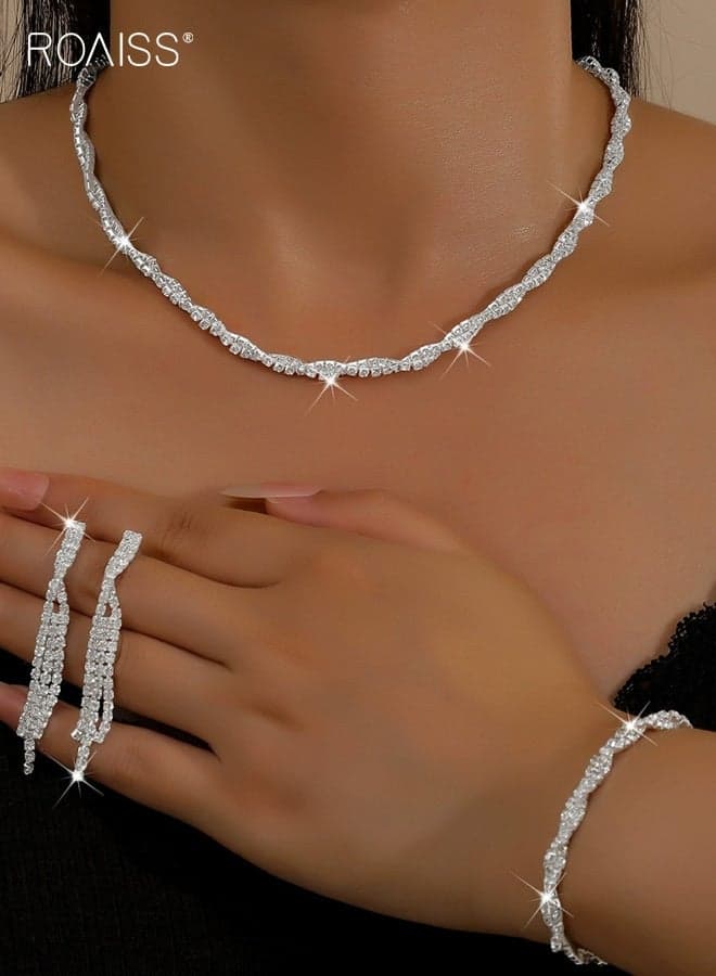 3Pcs Wedding Jewelry Set for Brides Bridesmaids, Silver Rhinestone Necklace Earrings Bracelet Sets, Formal Costume Jewelry Prom Jewelry Sets for Women