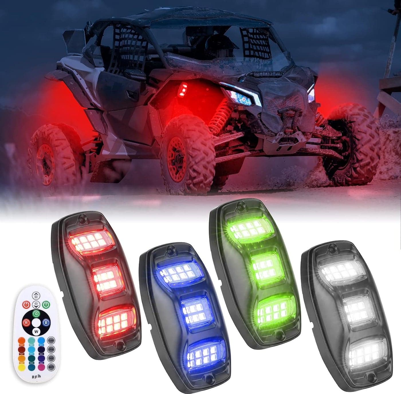 KEMIMOTO RGBW Rock Lights Kit with APP/RF Control - 4 Pods Multicolor Underglow Lighting for Vehicles