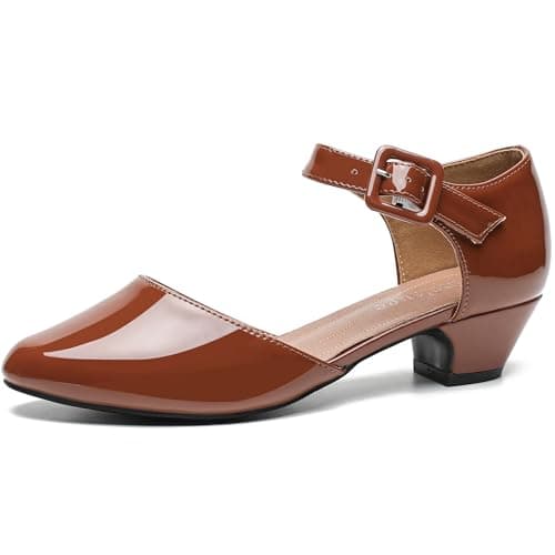 Enelauge Womens Ankle Buckle Strap Low Block Chunky Heels Closed Toe DOrsay Pumps Dress Work Church Evening Shoes Brown 376 US