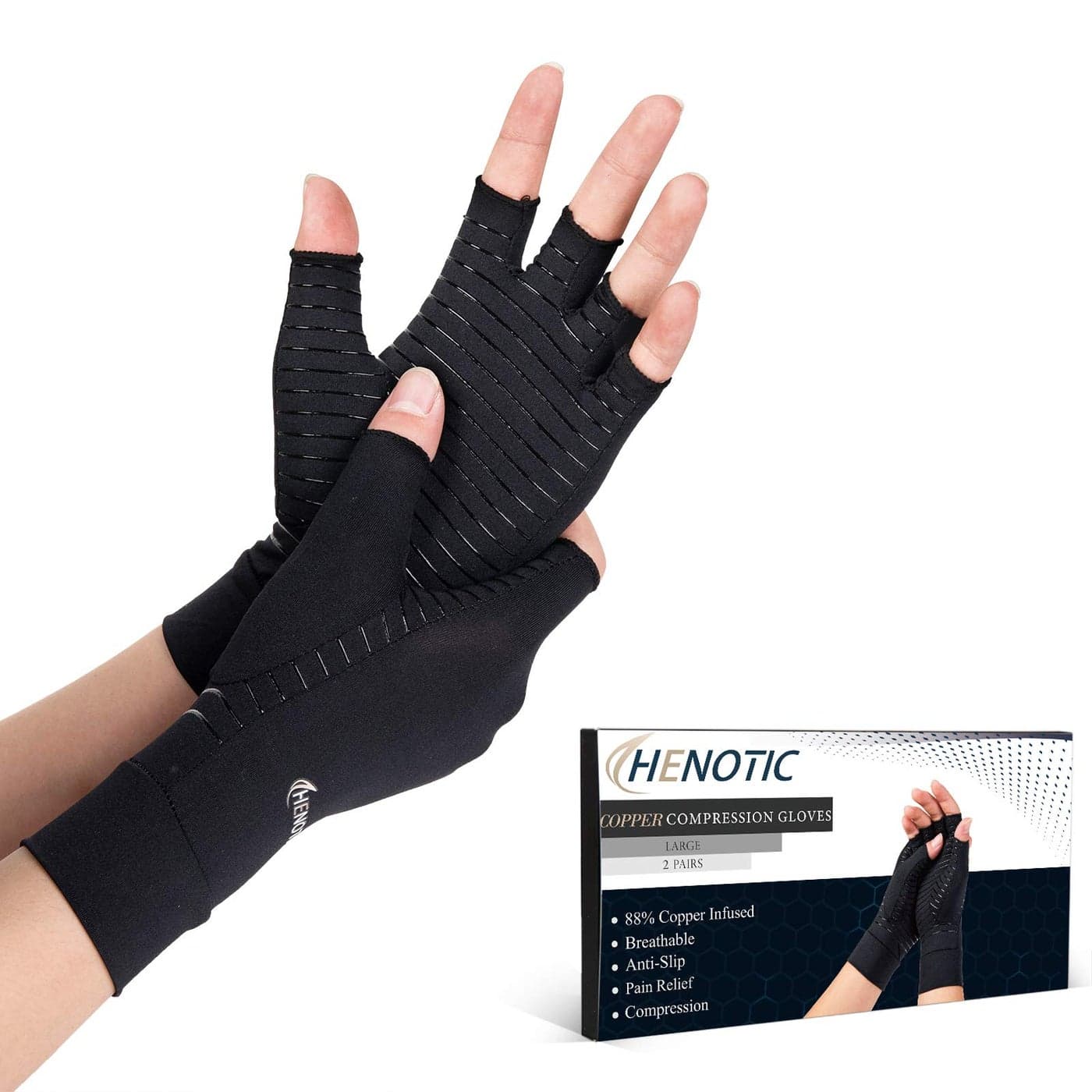 HENOTIC 2 Pairs Copper Arthritis Gloves for Women Men Fingerless Breathable Moisture Wicking Arthritis Compression Gloves for Relieving Carpal Tunnel Aches Rheumatoid Pains Joint Swell
