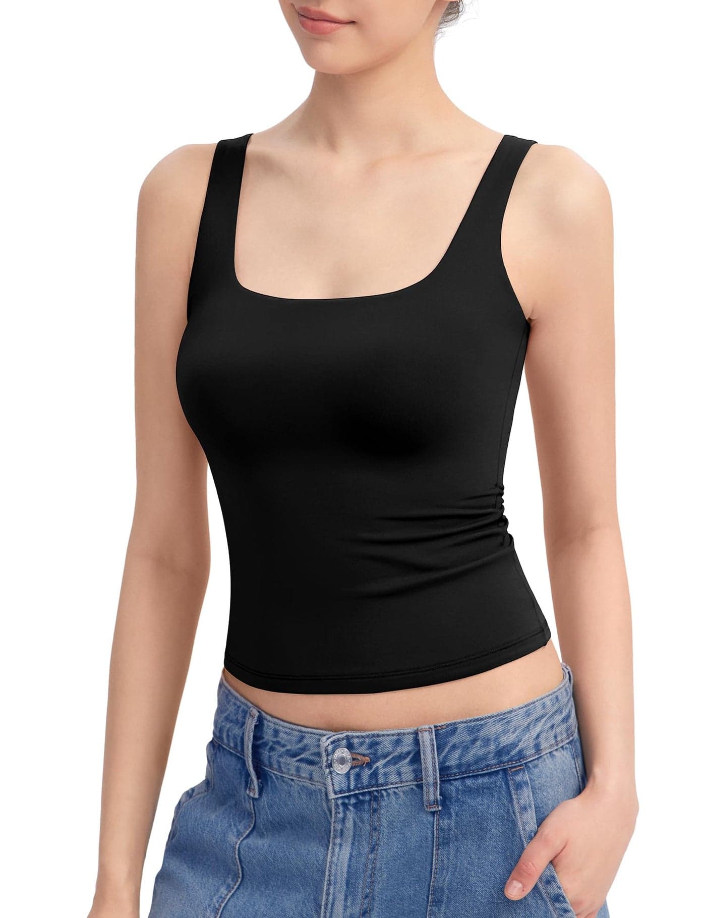 PUMIEY Tank Top for Women Sleeveless Double Lined Basic Summer Tops, Jet Black Large