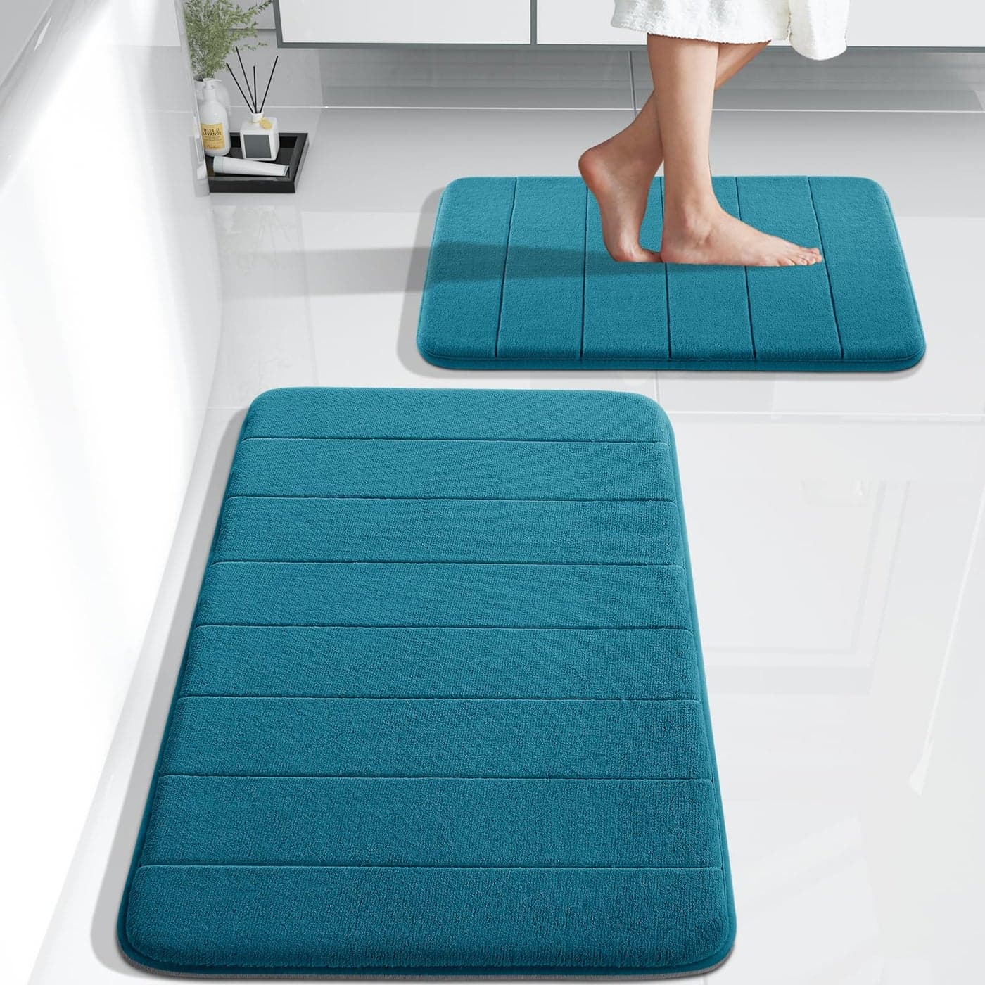 Yimobra Memory Foam Bathroom Rugs Sets 2 Piece Super Soft Absorbent Quick Dry Bath Mat Set Machine Washable Non Slip Floor Carpet for Tub Shower Single Sink 17x24 315x20 Inch Peacock Blue