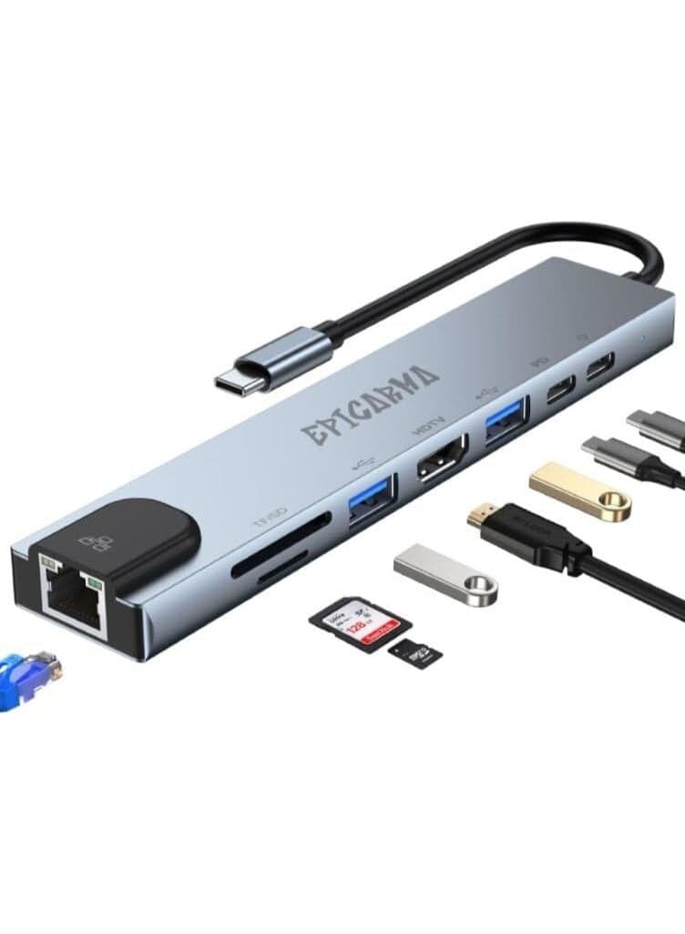 8-in-1 USB-C Hub Adapter with 4K HDMI, 87W Power Delivery, RJ45 Ethernet, Dual USB-A & USB-C, SD/TF Card Reader – Type-C Docking Station for Laptop, MacBook, PC & Tablet