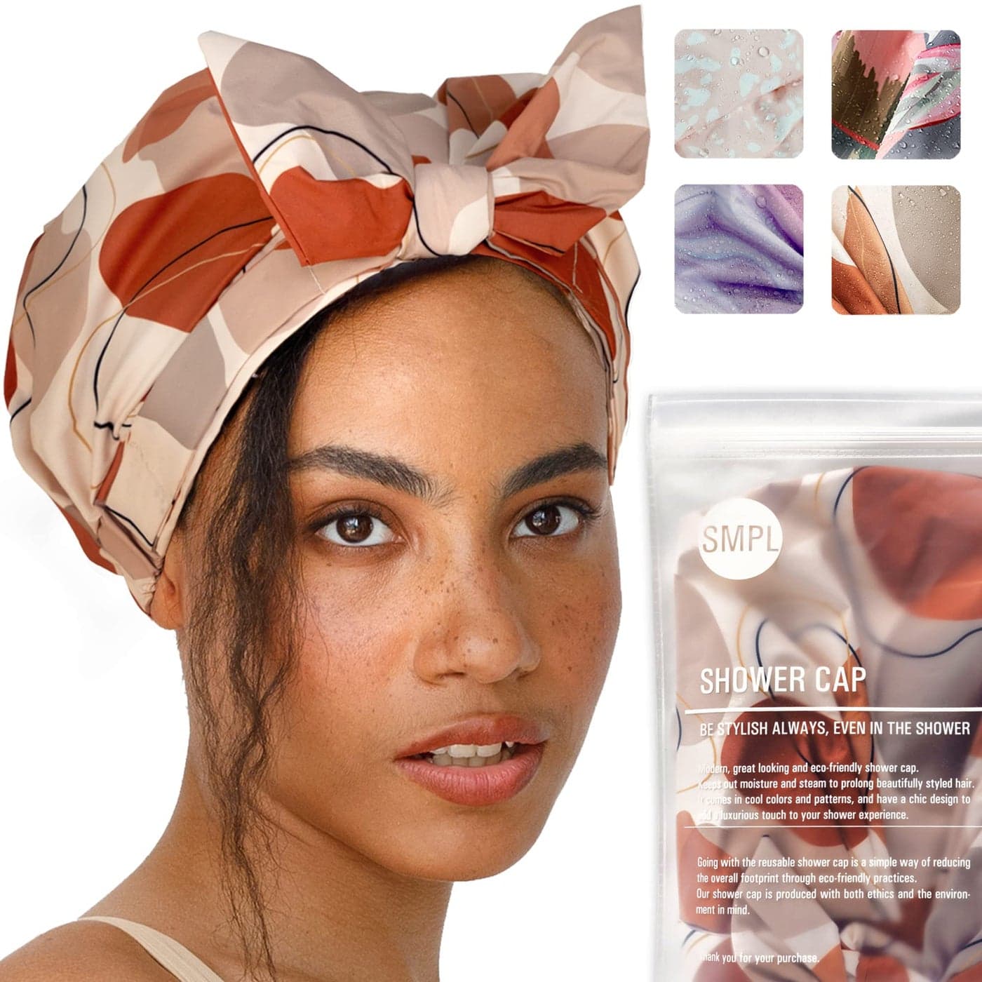 Shower Cap for Women Reusable Waterproof Leakproof Nonslip Hair Cap for Shower wComfy Flexiband Soft Breathable Shower Caps for Women Shower Cap by SMPL OBJECTS Shapes of beige