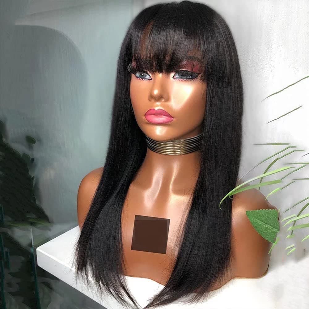QUINLUX WIGS Long Straight Human Hair Lace Front Wigs With Bangs HD Transparent Lace Front Human Hair Wigs Silky Stright 150% Density Glueless Brazilian Remy Hair Wigs For Woman Natural Black 20Inch