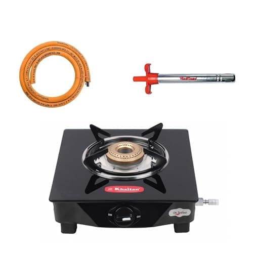 Khaitan Combo - 1 unit 1 Burner Gio Tougned Glass Gas Stove + 1 unit HF Kitchen Lighter + 1 unit HF LPG Hose Pipe (1.5 mtr) (1B Gio & Hose Pipe, Lighter Combo)