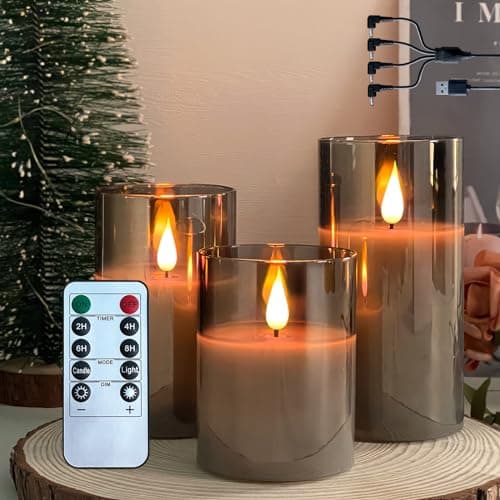 LEDHOLYT Rechargeable Flameless Candle, Flashing LED Pillar Real Wax Candle with Remote Control and Timer, Upgraded Teardrop Wick, Gray Electronic Candle, 1 Set of 3
