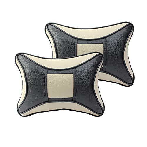 Auto Hub Car Neck Rest Pillow, Car Cushion for All Cars - PU Leather, Pack of 2 (Eye-Black-Beige)